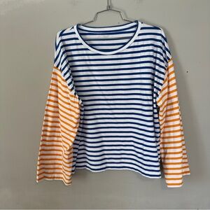 Collectif Mon Amour Striped Cotton Long Sleeve Tee Blue Orange Large
